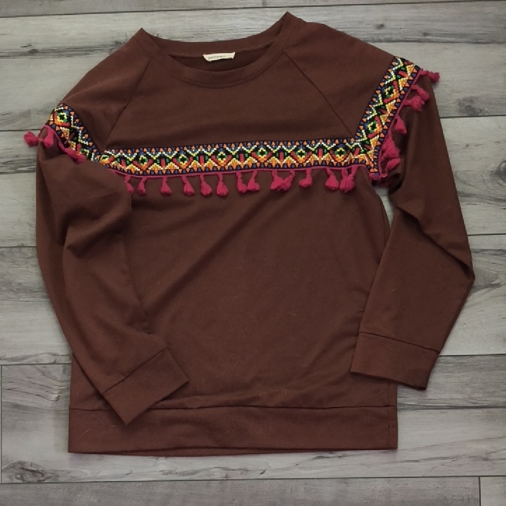 NWOT Brown Top with Colorful Embroidery and Tassels